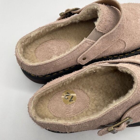 Dr. Martens Isham Mens 12 Beige Taupe Suede Slingback Buckle Mule Clog Shearling - Picture 7 of 9